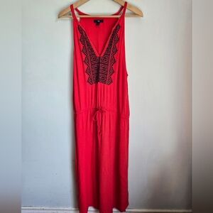 GAP Red Maxi Halter Dress With Navy Embroidered Neckline